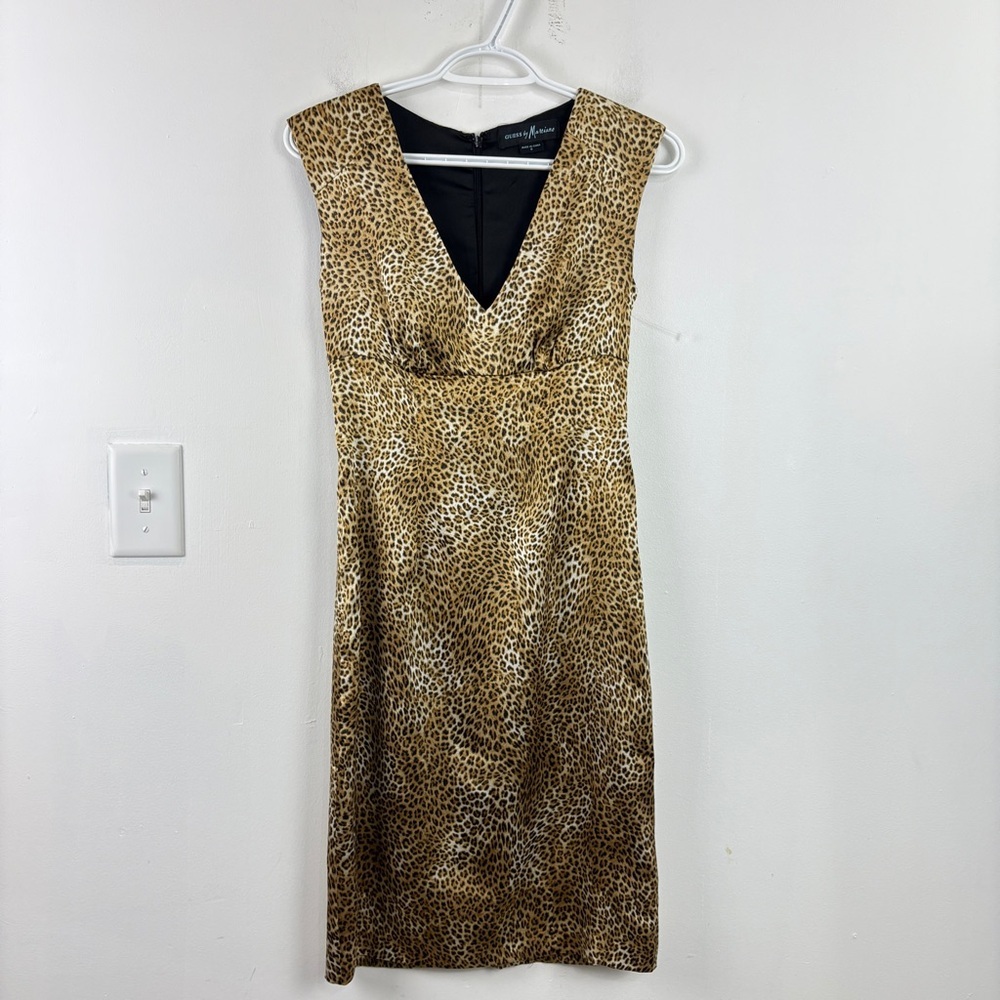 Guess by Marciano Silk Leopard Print Dress Sleeveless V-Neck Bodycon Midi Glam - Picture 4 of 11